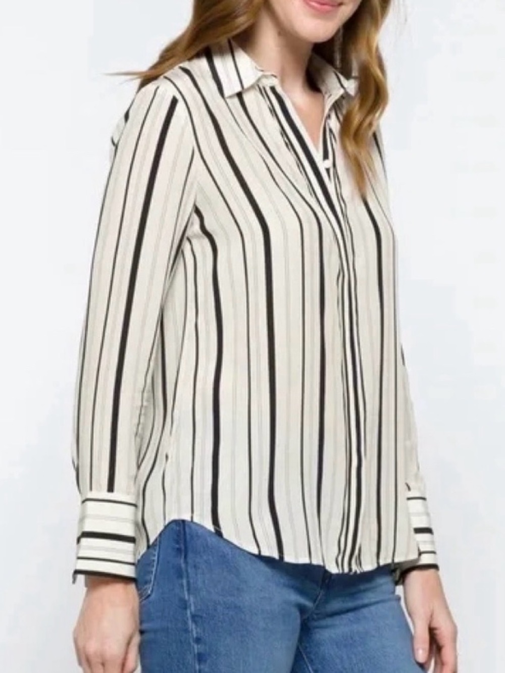 Club Monaco Silk Blouse/Button Down Stripe Black/White